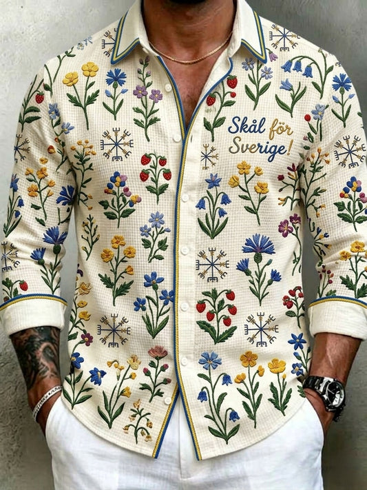 Herre retro svensk midtsommerfolkedraktblomstret vaffelgenser med lange ermer