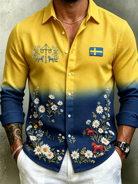 Herre retro svensk midtsommerfolkedraktblomstret vaffelgenser med lange ermer