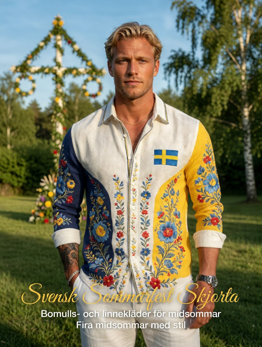 Herrretro svensk midsommarfolkaldrigblommig vafeltröja med långa ärmar