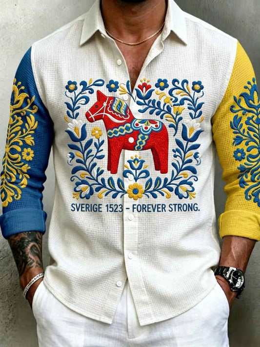 Herre retro svensk midtsommerfolkedraktblomstret vaffelgenser med lange ermer