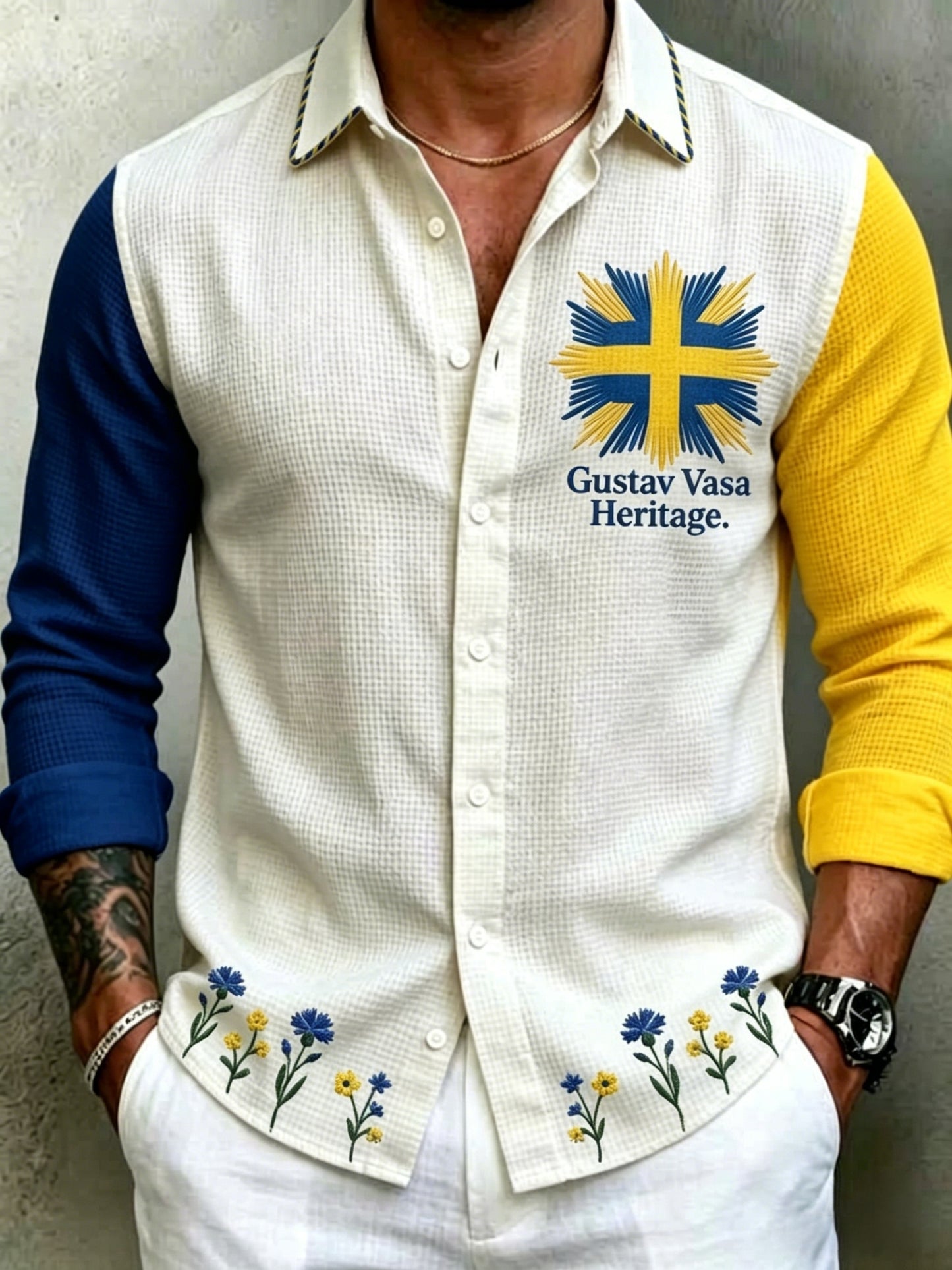 Herr Retro Svenska midsommar Folkblommis våffla Långärmskjort