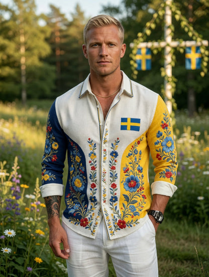 Herrretro svensk midsommarfolkaldrigblommig vafeltröja med långa ärmar