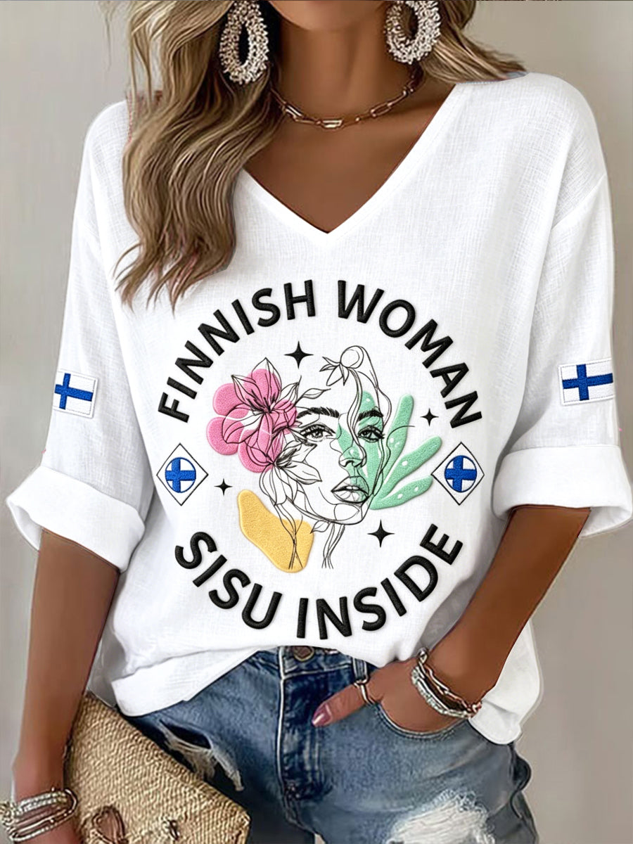 Dams vit finsk midsommar Sisu-print avslappnad t-shirt med V-ringning och långa ärmar