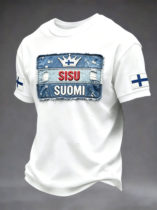 Hvit Finland Sisu Patchwork Skriv ut Casual T-skjorte