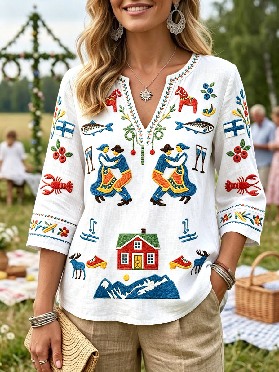 Dams Vitt Finländsk Midsommarstuga Tryck Casual V-ringad T-shirt