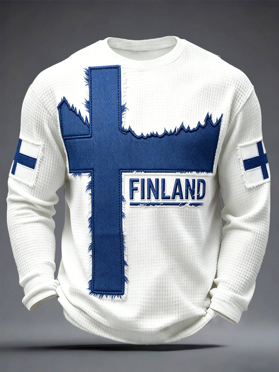 Mäns finska flaggverk Skriv ut Vit våffelväv Casual Långärmad T-shirt