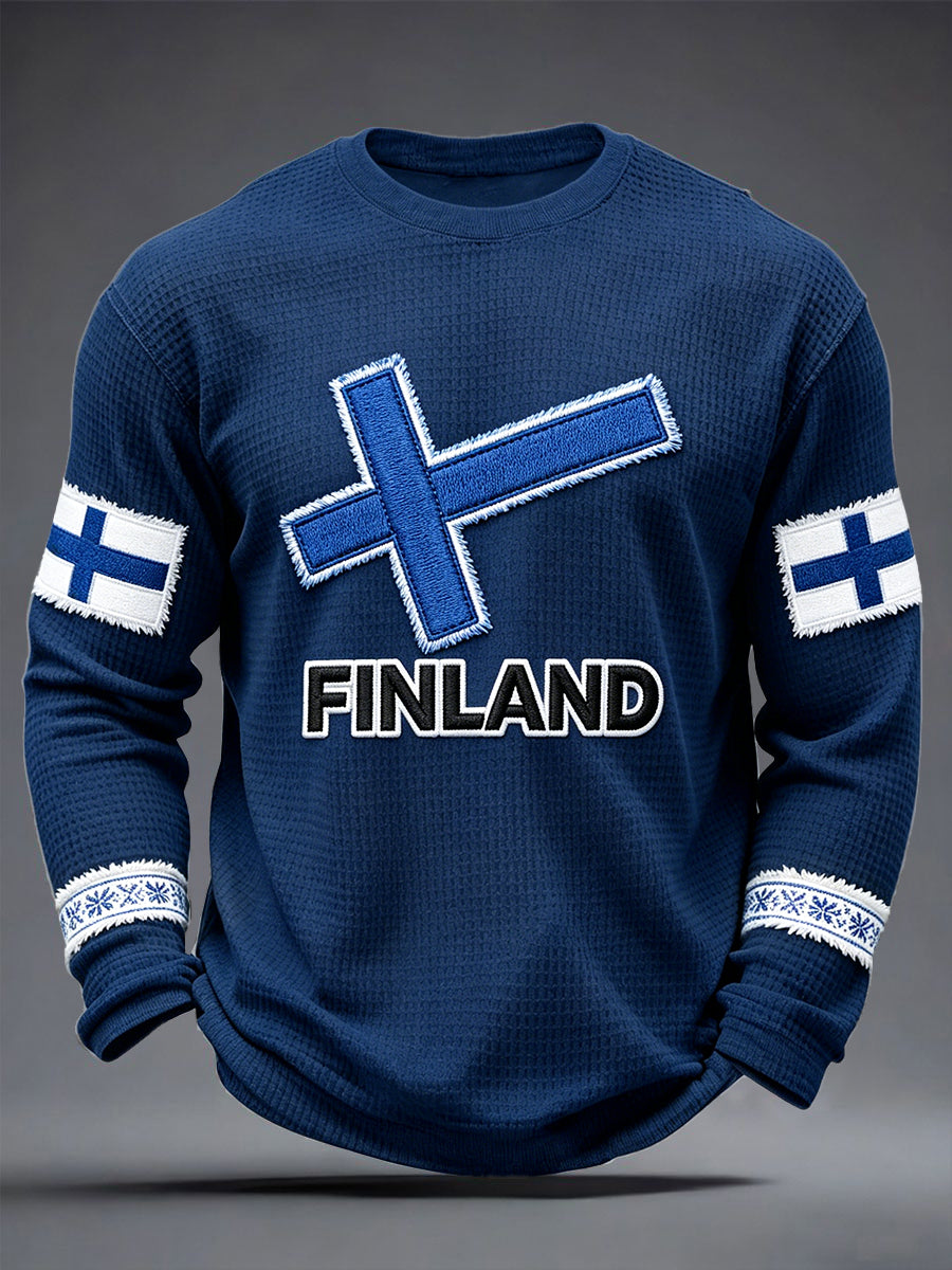 Mäns Deep Blue Finnish Flagg Skriv ut våffelväv Casual Långärmad T-shirt