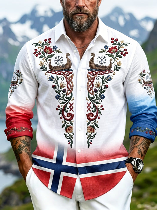 Vintage for menn med norsk trykk gradient lappeteppe uformell skjorte