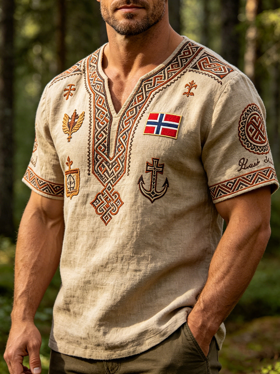 Menns Vintage Norsk-print bomull-line