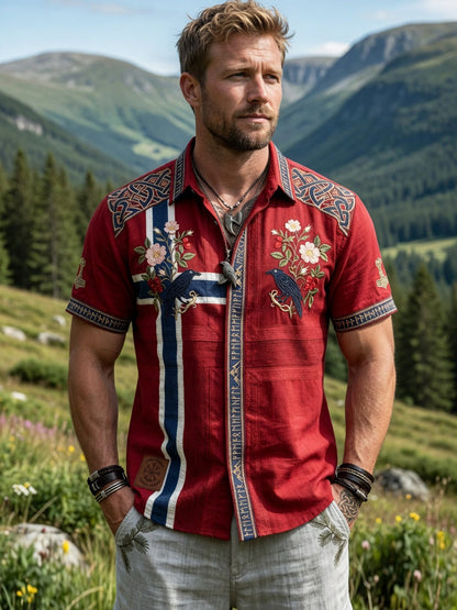 Menns Vintage Norsk-print bomull-line