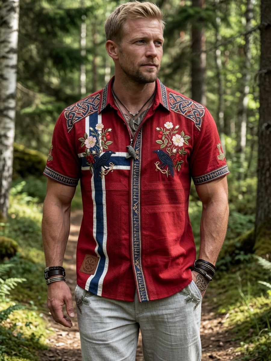 Menns Vintage Norsk-print bomull-line