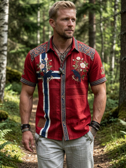 Menns Vintage Norsk-print bomull-line