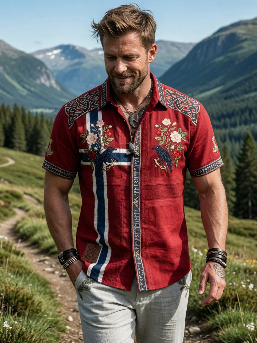 Menns Vintage Norsk-print bomull-line