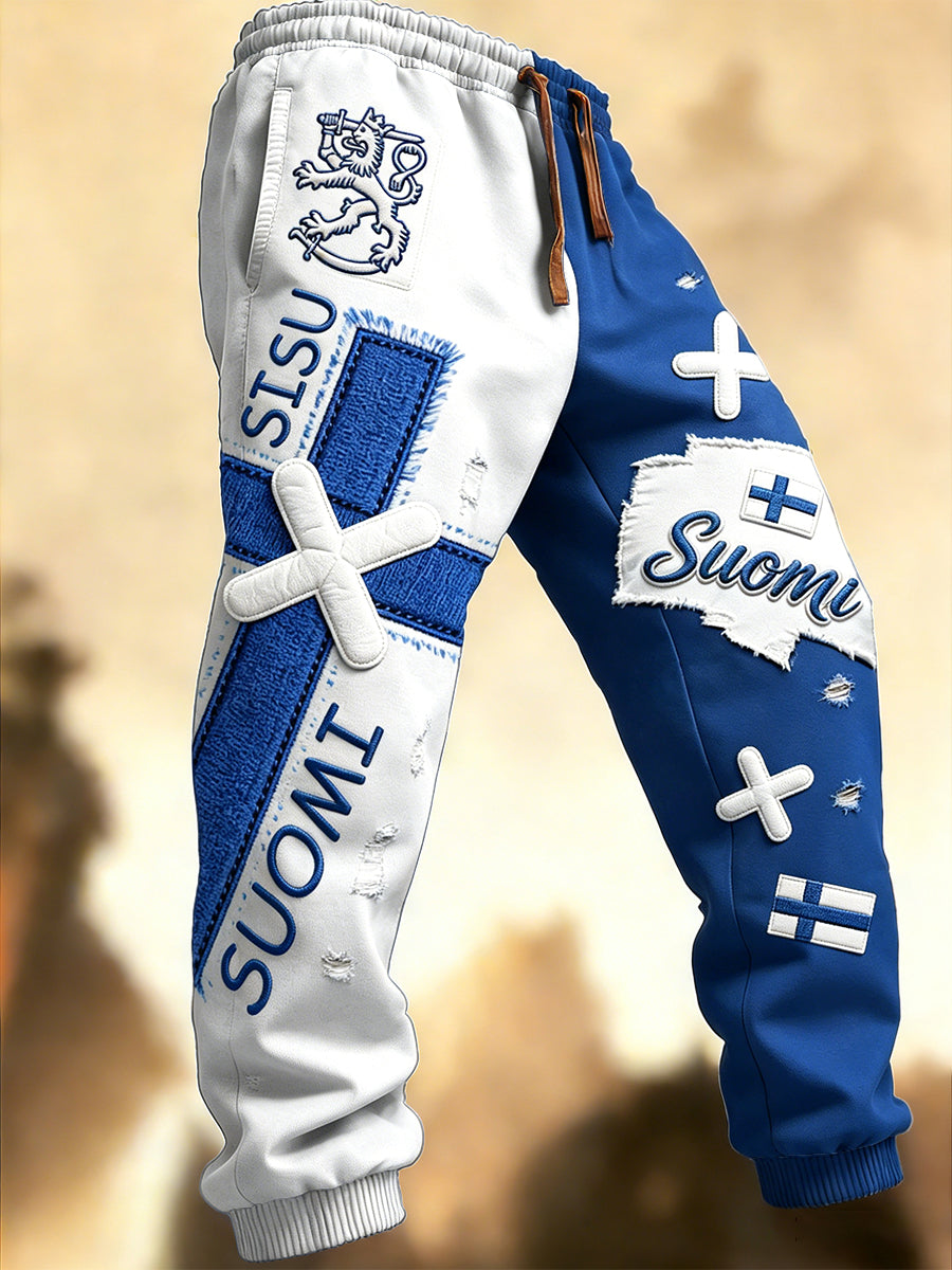 Miesten suomalainen lippu 3D Patchwork Print Casual housut: