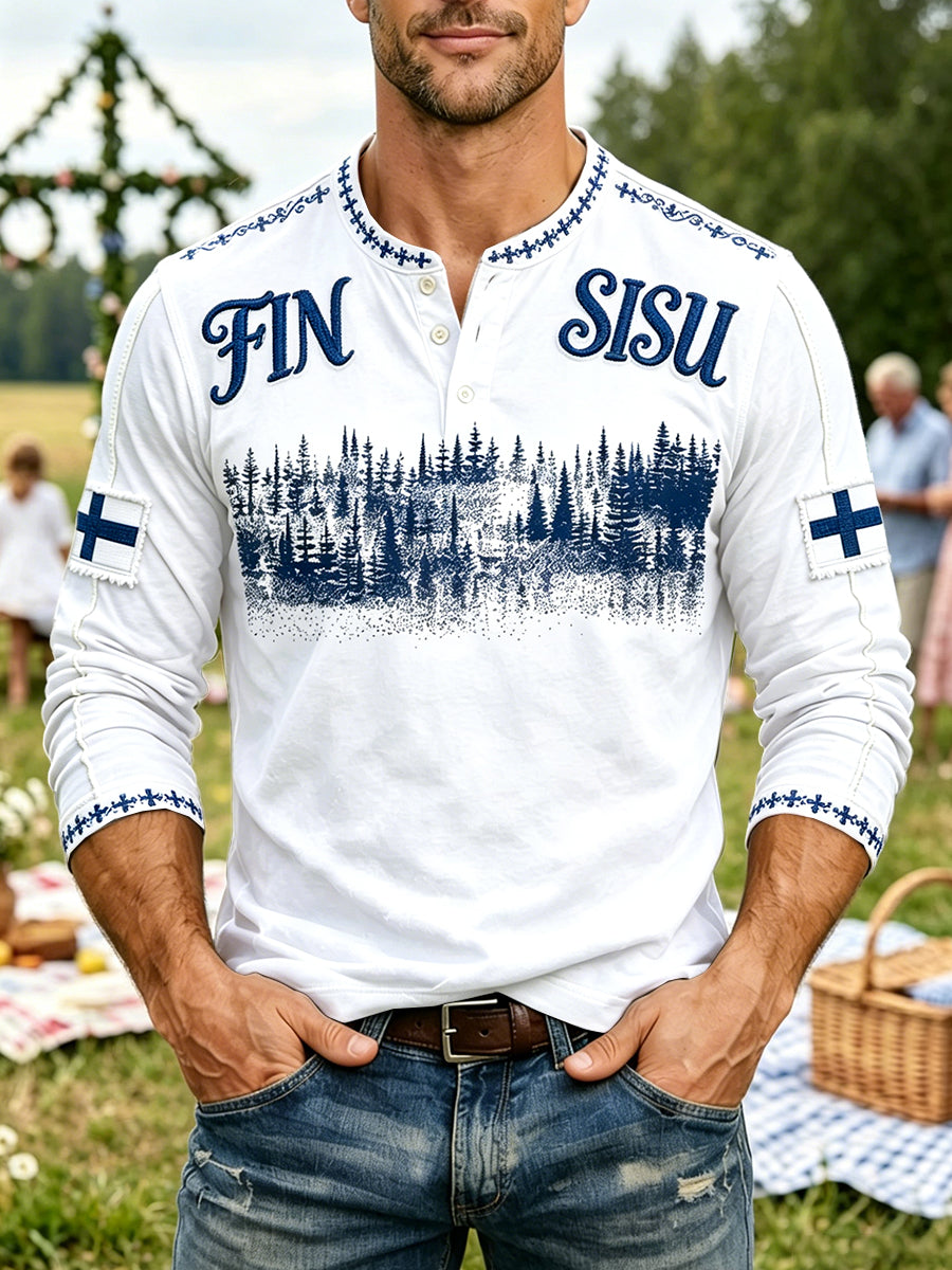 Miesten Suomi Lippu Sisu Tulosta Valkoinen Casual Henley-kaula Pitkähiha T-paito