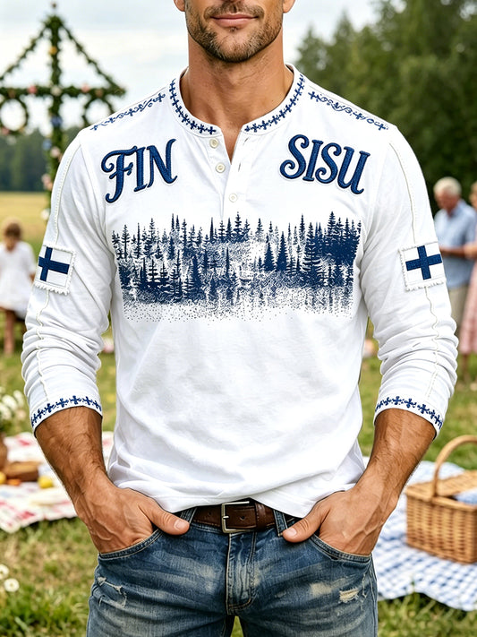 Herre Finland Flag Sisu Print Hvit Casual Henley-hals Langermet T-skjorter