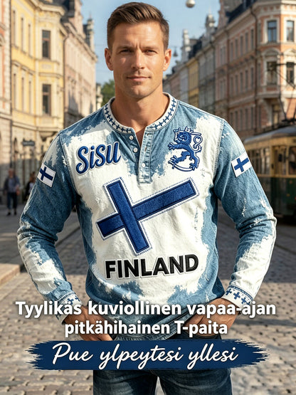 Miesten suomalainen lippu Sisu Denim-Effect Tulosta Casual Henley Kaula Pitkähiha T-paito