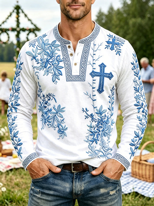 Herre Finsk Blomstertrykk Hvit Uformell Langermet Henley T-skjorte
