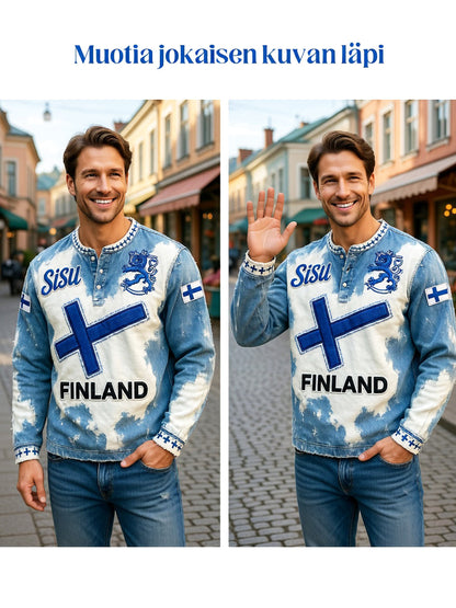 Miesten suomalainen lippu Sisu Denim-Effect Tulosta Casual Henley Kaula Pitkähiha T-paito