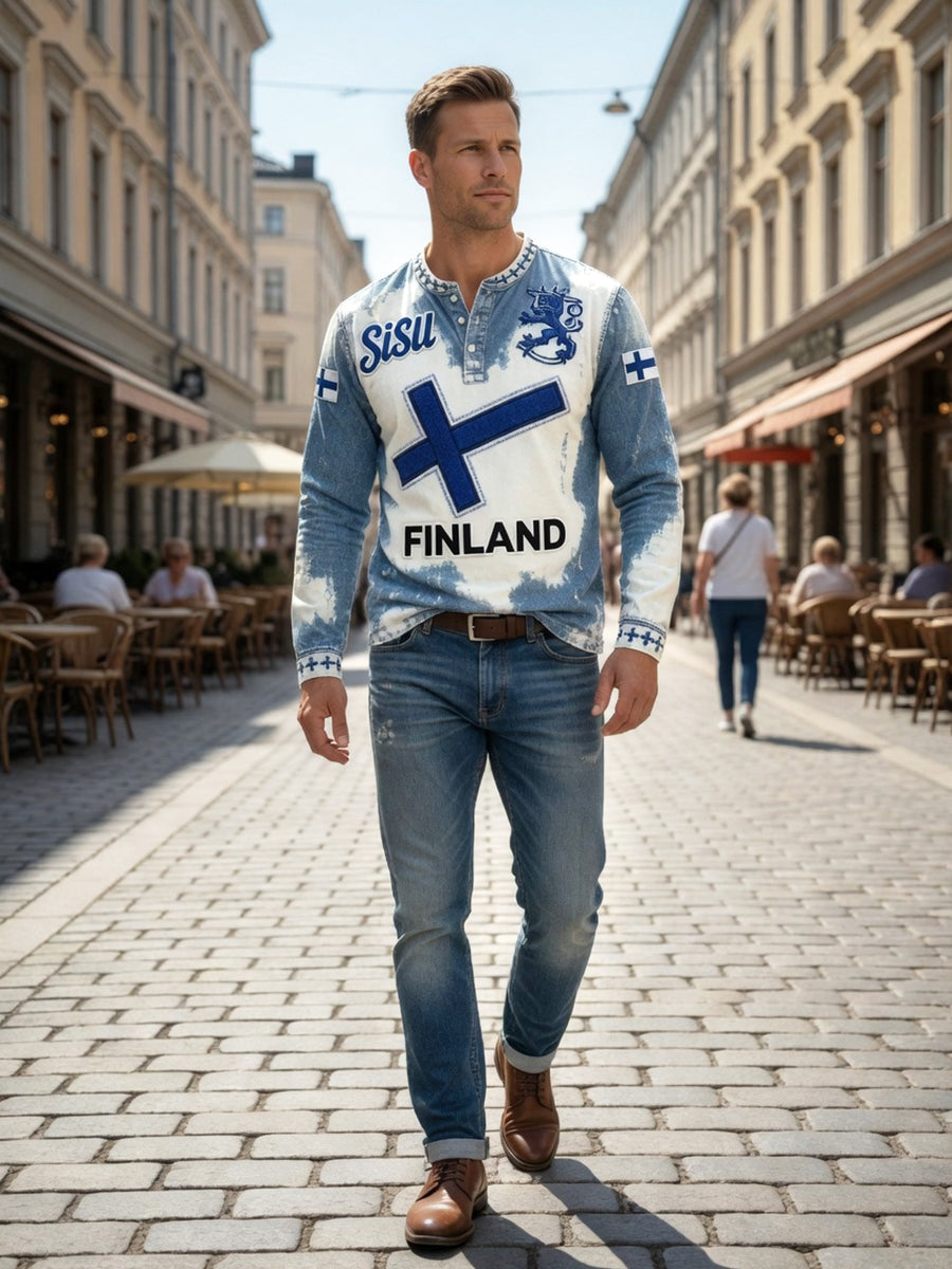 Miesten suomalainen lippu Sisu Denim-Effect Tulosta Casual Henley Kaula Pitkähiha T-paito