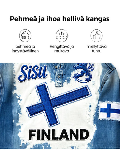 Miesten suomalainen lippu Sisu Denim-Effect Tulosta Casual Henley Kaula Pitkähiha T-paito