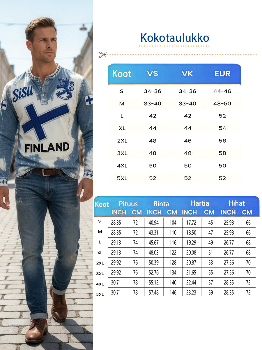 Miesten suomalainen lippu Sisu Denim-Effect Tulosta Casual Henley Kaula Pitkähiha T-paito