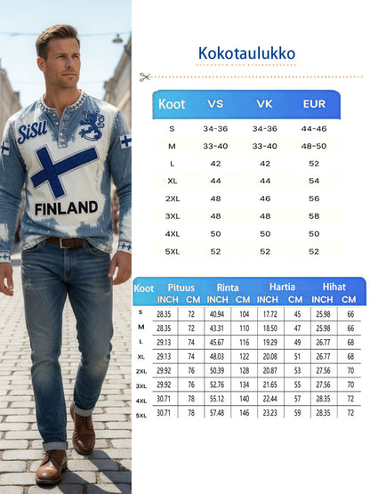 Miesten suomalainen lippu Sisu Denim-Effect Tulosta Casual Henley Kaula Pitkähiha T-paito