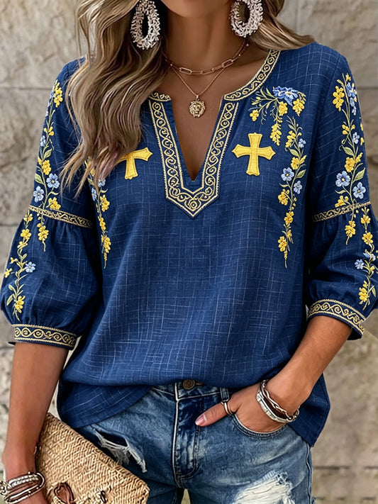 Dame mørkeblå Svensk Floral Midsommar 3D Print Casual V-hals T-skjorte