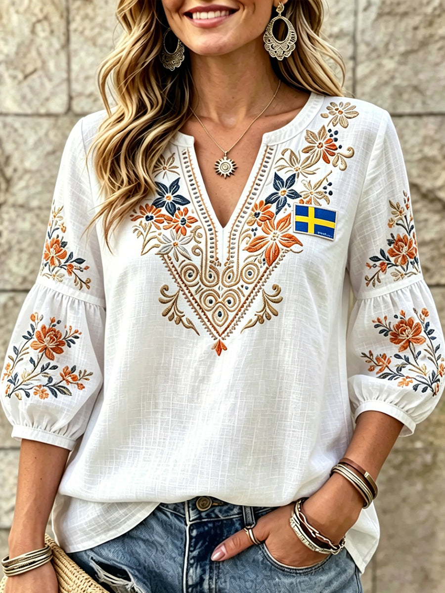 Kvinnors Vita Flagg Floral 3D Skriv ut Casual V-hals T-shirt