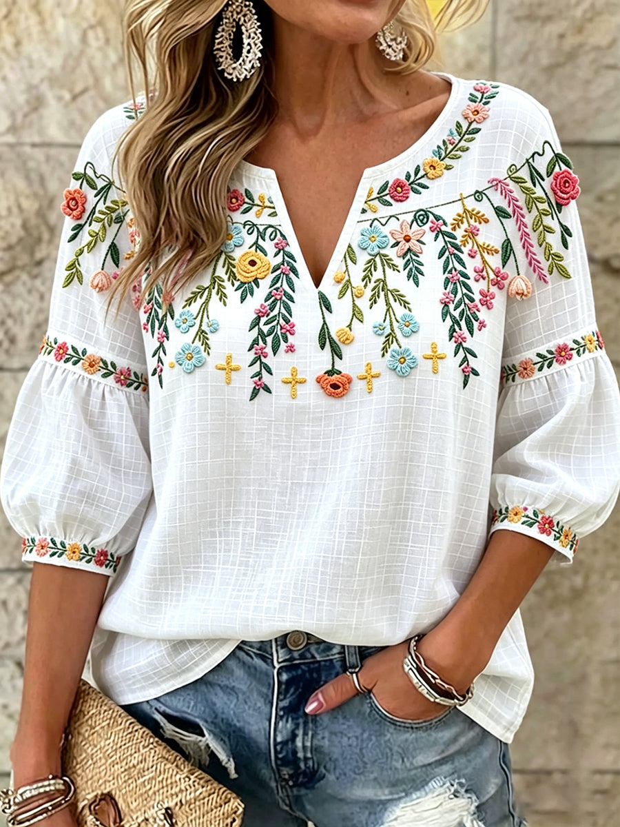 Kvinnors Vit Blomster 3D Skriv ut Casual V-hals T-shirt