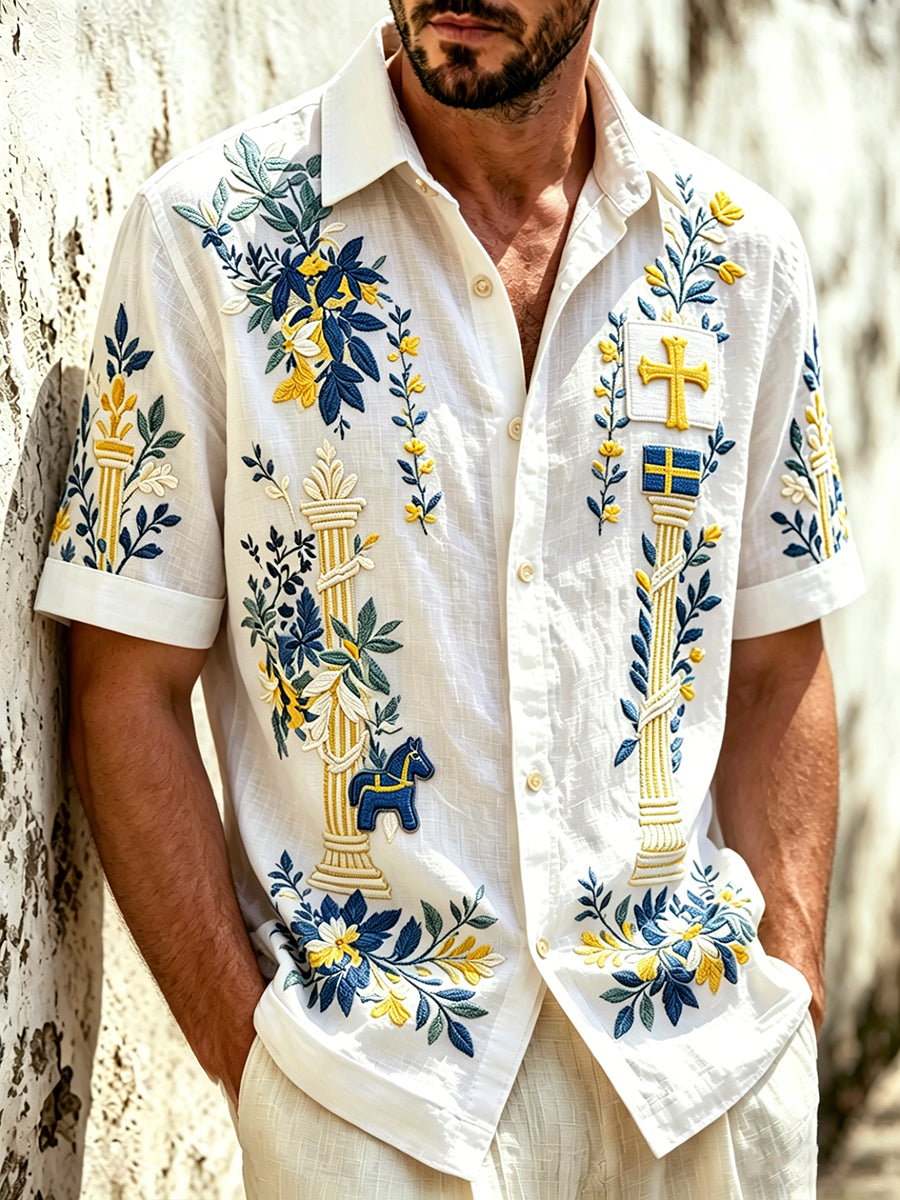 Herrens svenska midsommar Floral 3D-tryckt casual kortärmad skjorta
