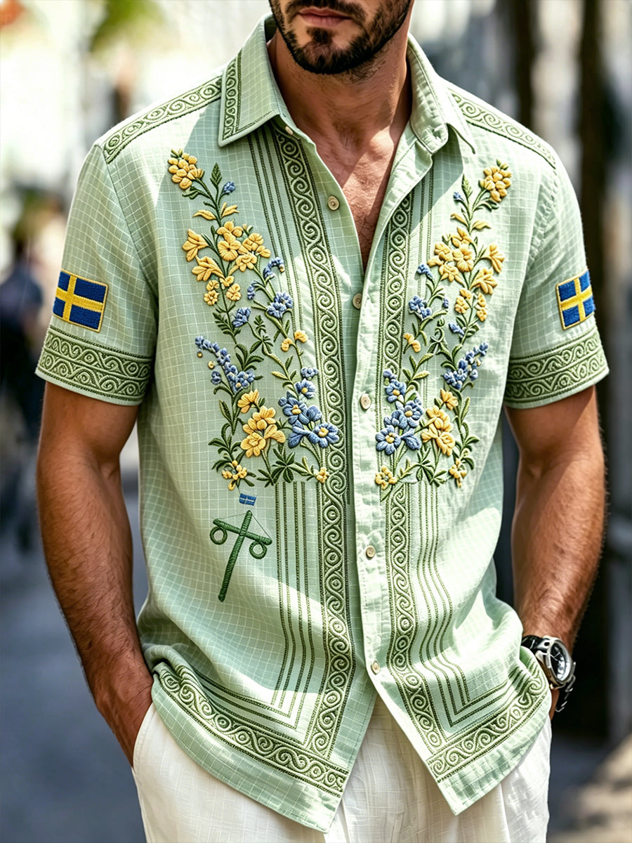 Mäns grön svenska midsommar Floral 3D Skriv ut Casual Short-Skjort