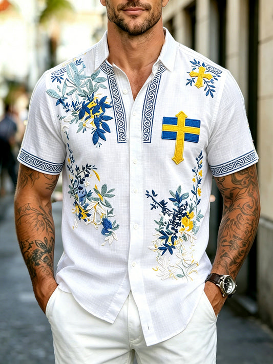 Hvit svensk flagg, blomstrete 3D-printet kortermet skjorte i uformell stil