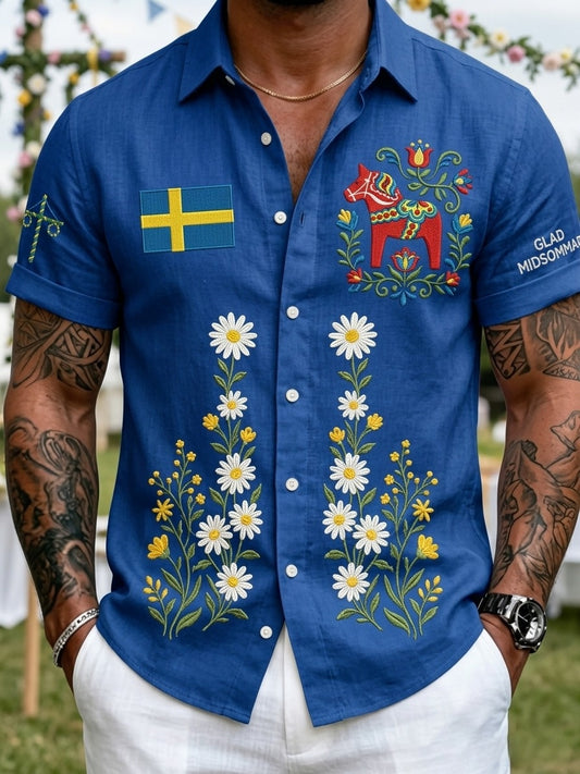 Herr retro svensk midtsommerfolkealdri blomstrete bomull-lin skjorte med korte ermer