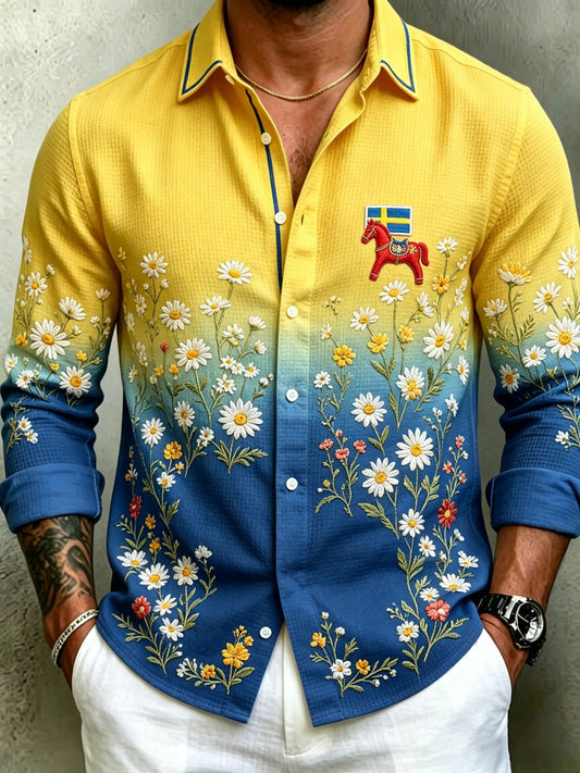 Herrretro svensk midsommarfolkaldrigblommig vafeltröja med långa ärmar