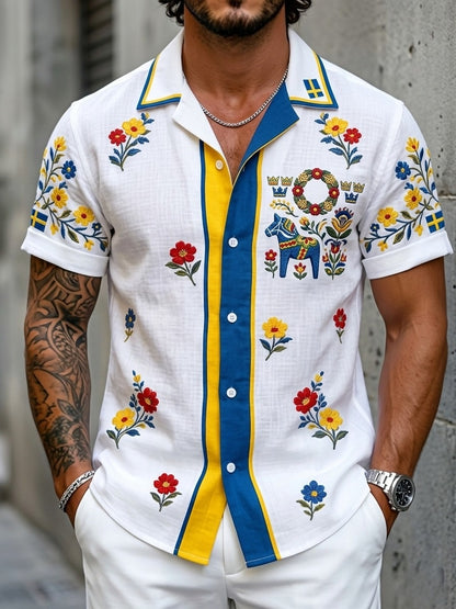 Herrretro svensk midsommarfolkaldrigblommig bomull-linne skjorta med korta ärmarna