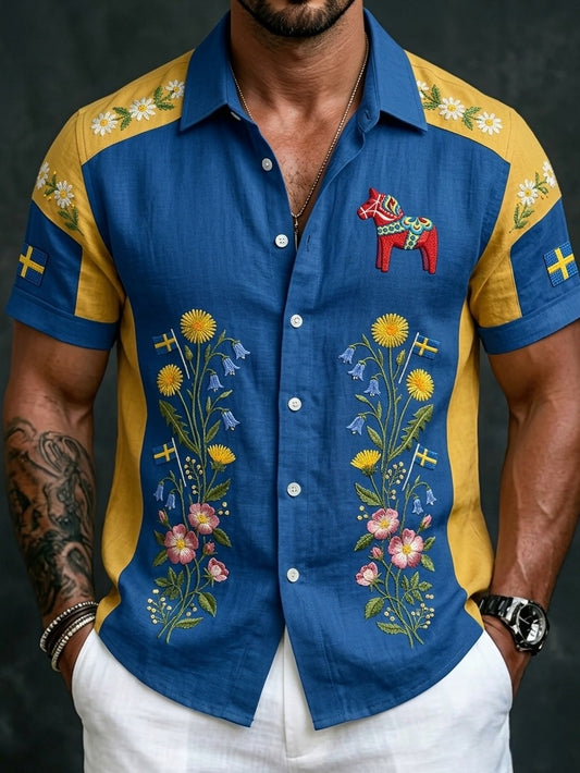 Herr retro svensk midtsommerfolkealdri blomstrete bomull-lin skjorte med korte ermer