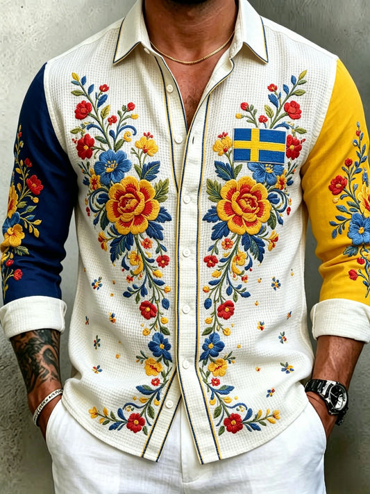 Herre retro svensk midtsommerfolkedraktblomstret vaffelgenser med lange ermer
