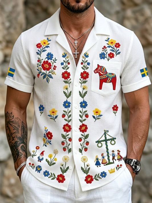 Herr Retro Svensk Midtsommer Folk Blomstret Vaffel Kortermet Skjorte
