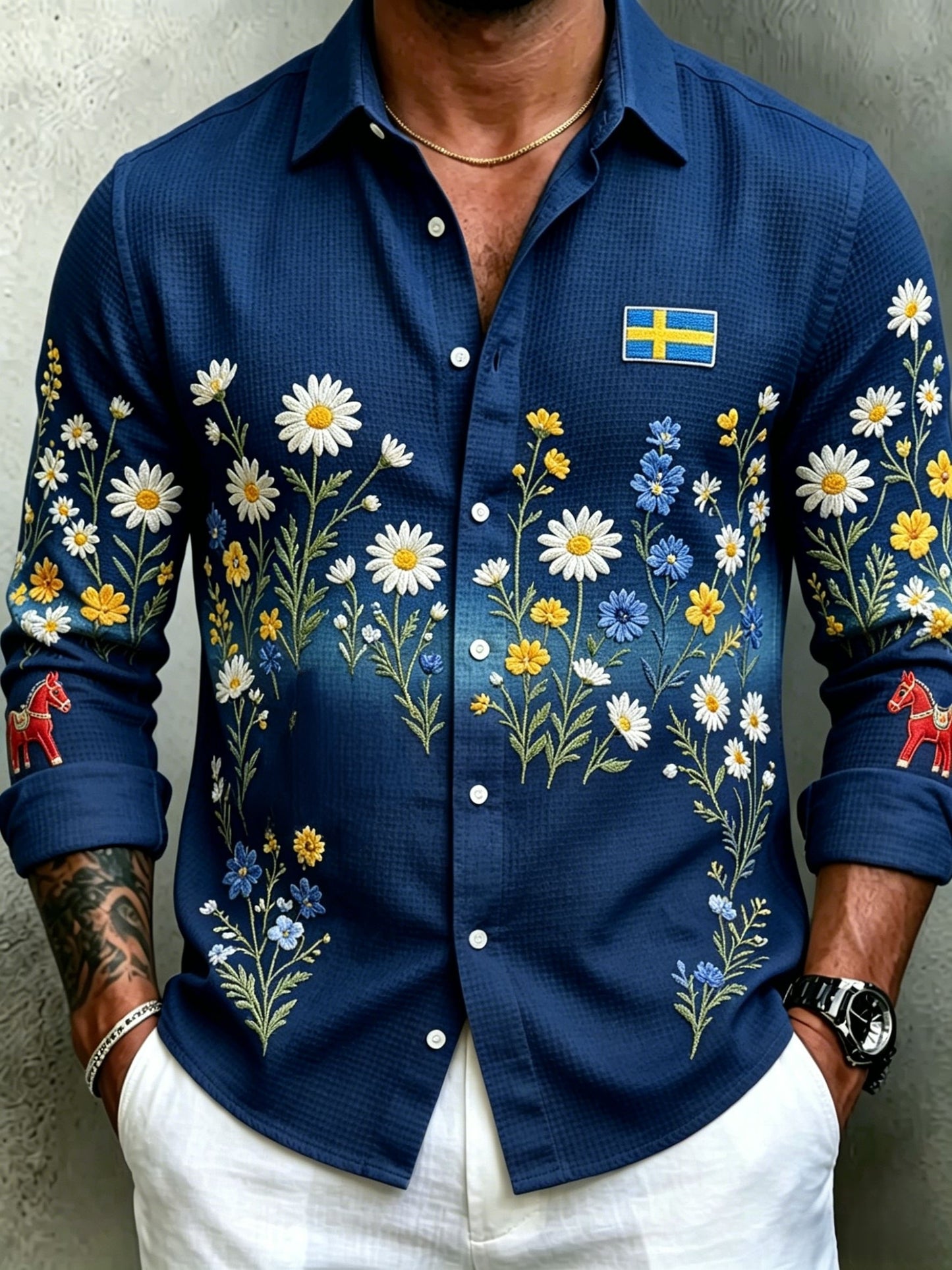 Herrretro svensk midsommarfolkaldrigblommig vafeltröja med långa ärmar
