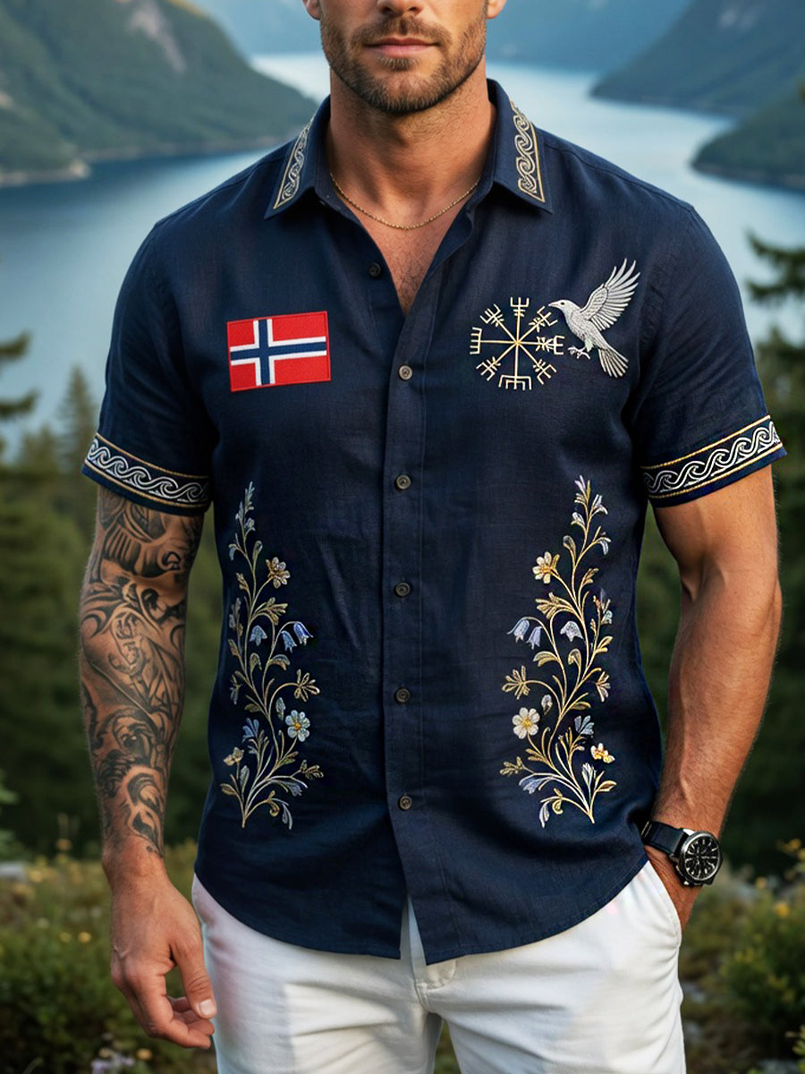 Menns Vintage, skandinavisk-stil, bomulls-linens skjorte med norsk kunsttrykk
