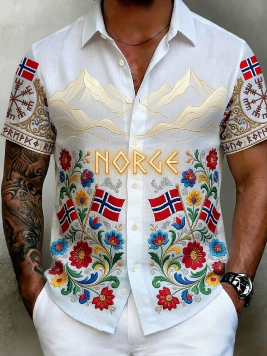 Gammel skandinavisk stil herreskjorte i bomull-lin med norsk kunsttrykk