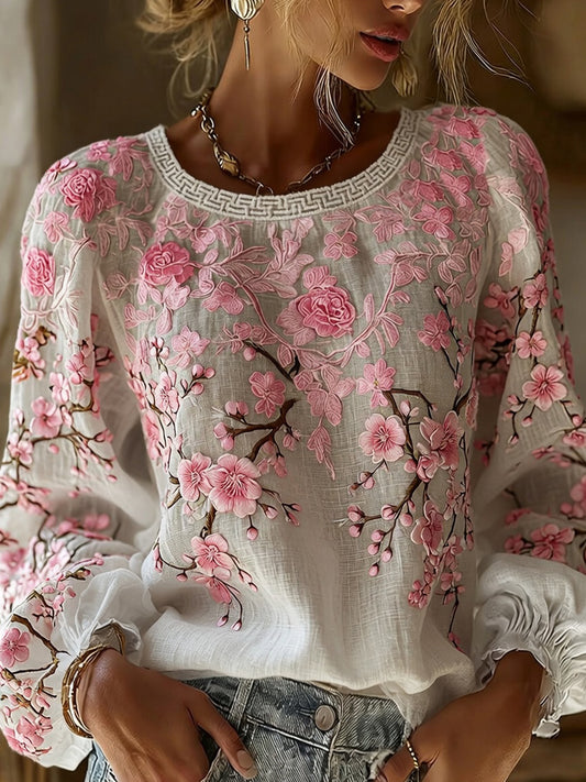 Dame vintage blomstrete kunsttrykt uformell topp i bomull-lin