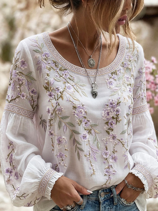 Dame topp, blomstret, vintage, kunsttrykk, casual, bomull-lin