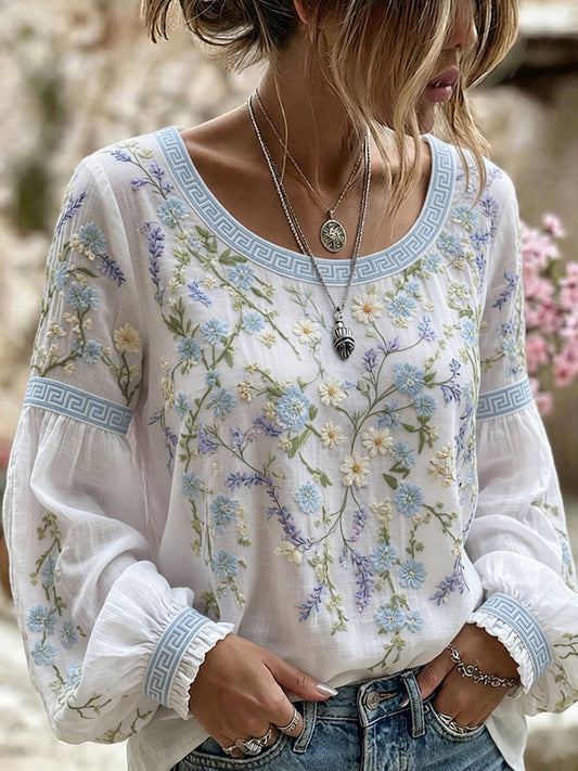 Vintage topp for kvinner, uformell, blomstertrykk, bomull-lin