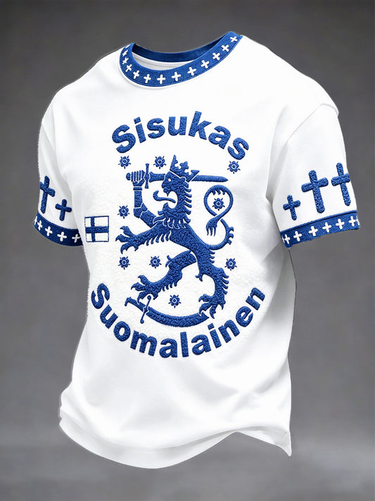 Herre hvit Finland Flagg Kryss Print Uformell T-skjorte