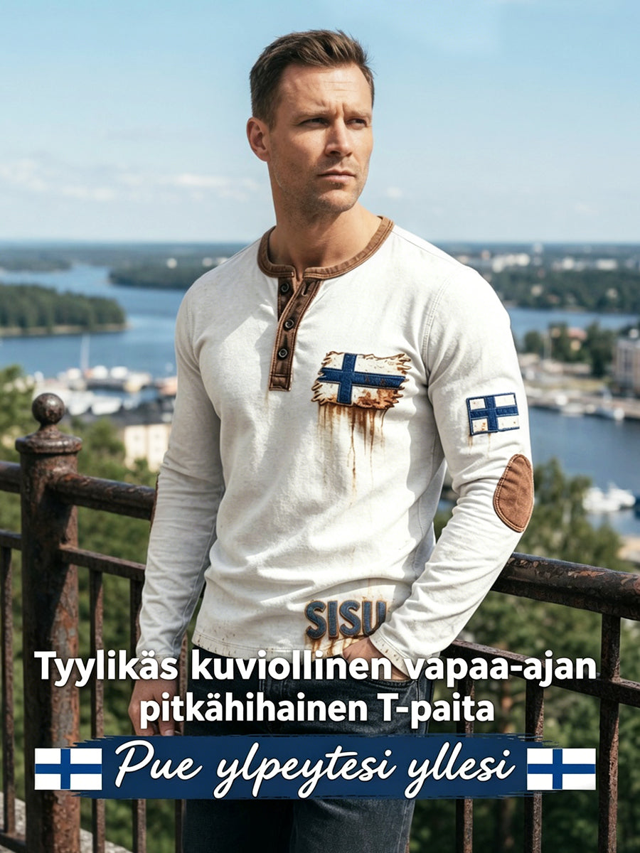 Miesten valkoinen Vintage 3D-tulostettu suomalainen lippu Henley kaula Sweatshirt