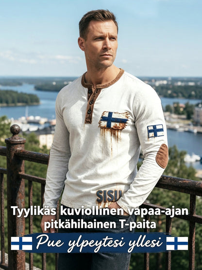 Miesten valkoinen Vintage 3D-tulostettu suomalainen lippu Henley kaula Sweatshirt
