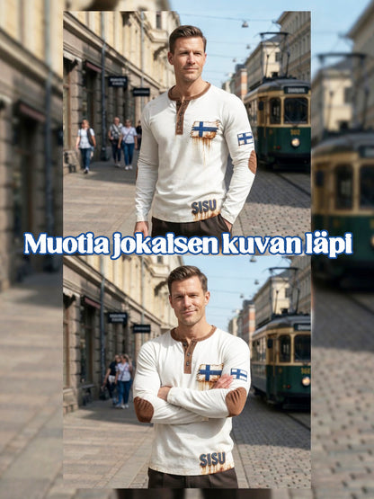 Miesten valkoinen Vintage 3D-tulostettu suomalainen lippu Henley kaula Sweatshirt