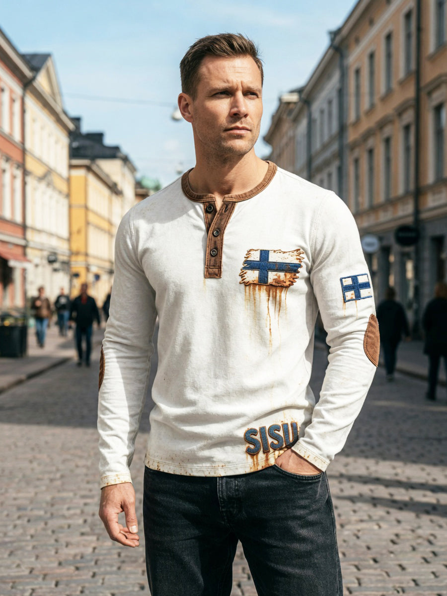 Miesten valkoinen Vintage 3D-tulostettu suomalainen lippu Henley kaula Sweatshirt